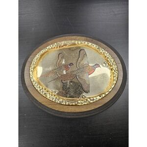 Gold Tone Pheasant Plaque Oval Wood Metal Rustic Wildlife Birds Small Decor